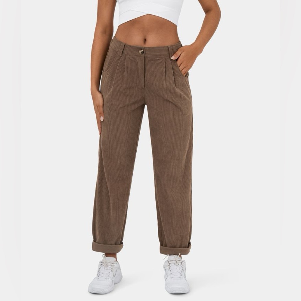 Halara : 	
Mid Rise Button Zipper Side Pocket Corduroy Casual Pants Mocha